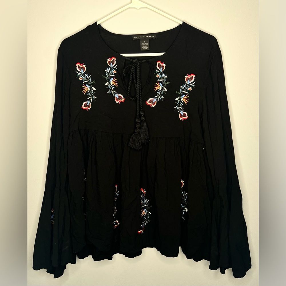 Grace Elements 100% Rayon Embroidered Babydoll Blouse Bohemian Style Size Small